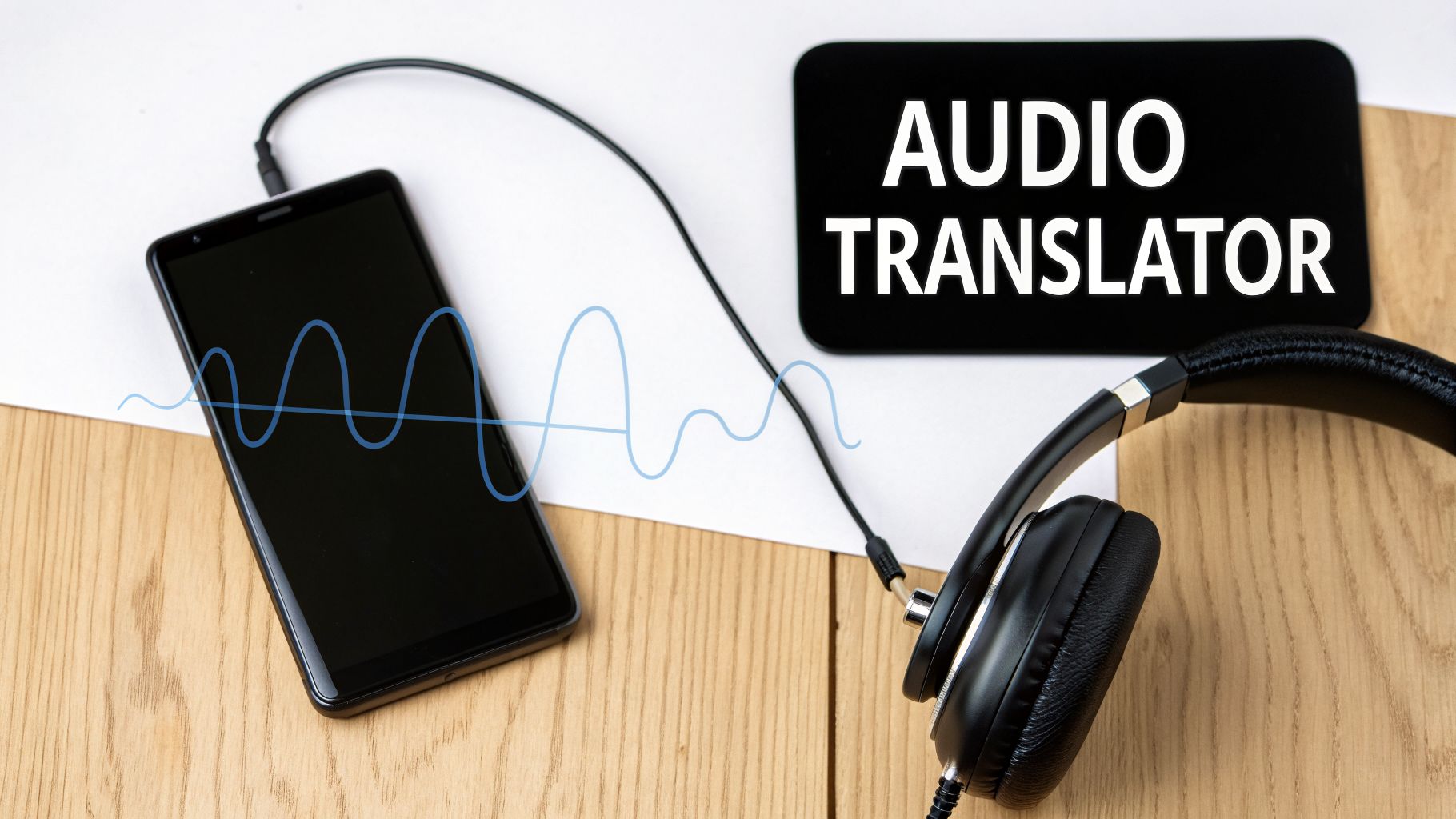 A smartphone connected to headphones displays a waveform, next to an 'AUDIO TRANSLATOR' sign.