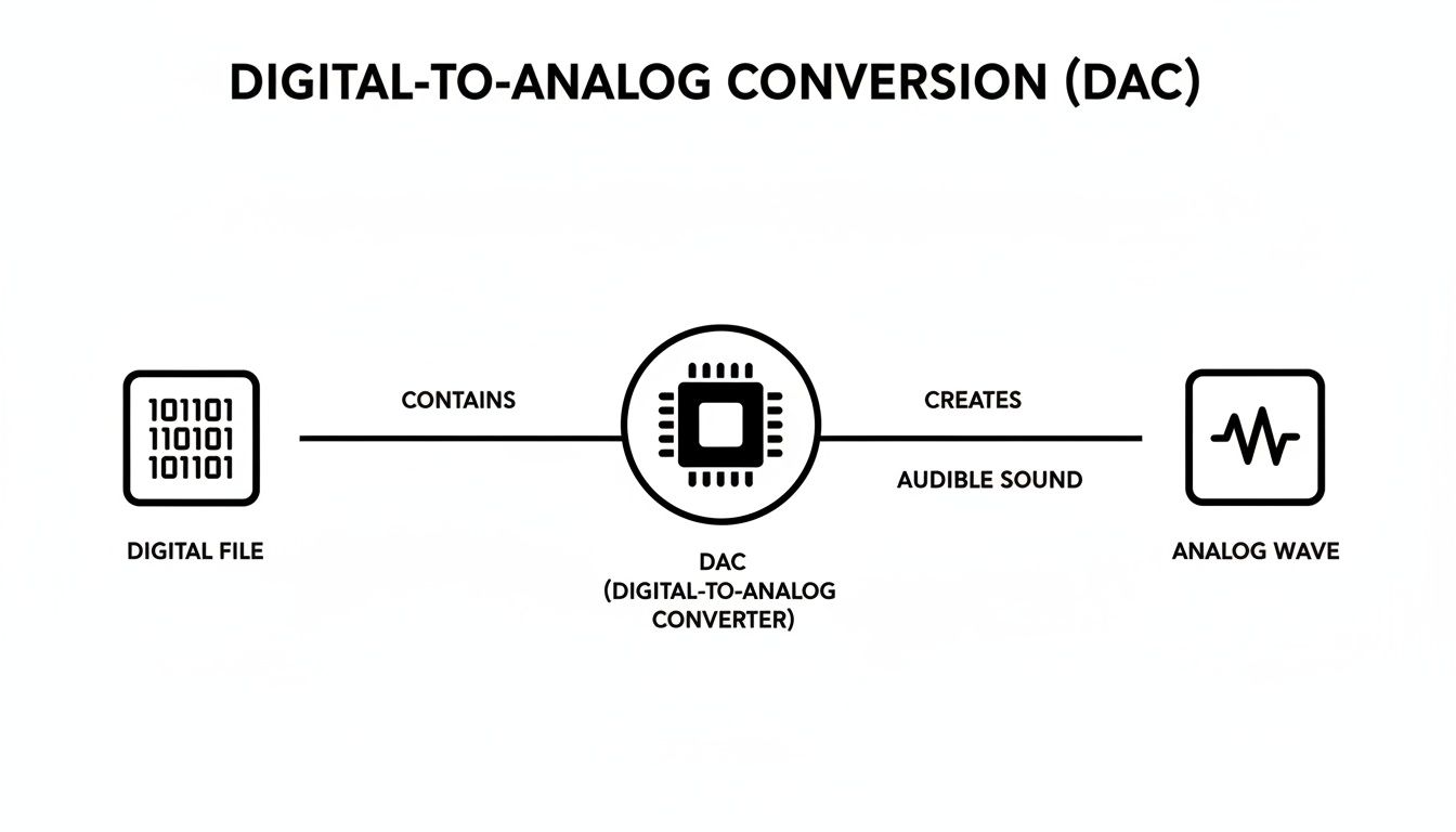 Diagram illustrating digital-to-analog conversion (DAC), showing a digital file transforming into an analog sound wave via a DAC chip.