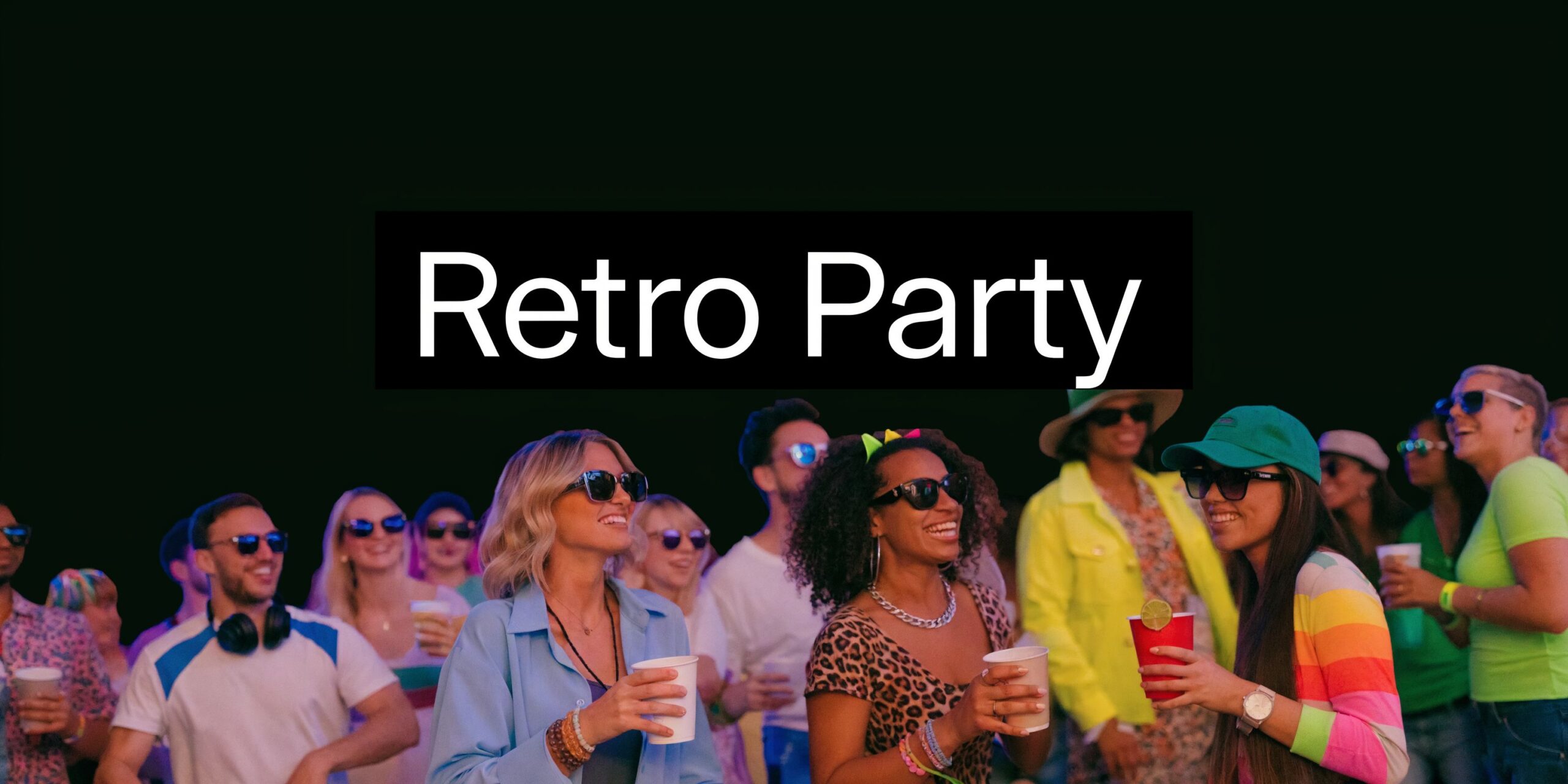 A diverse group of friends enjoying a lively retro party at night with drinks and colorful outfits.