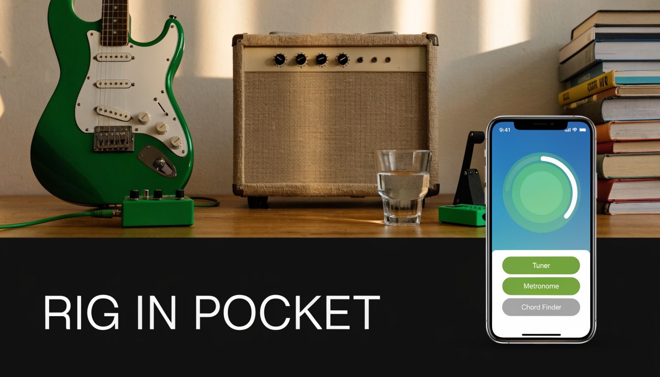 A green electric guitar, an amplifier, and a smartphone displaying a music practice app on a desk.