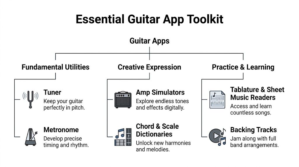 A diagram categorizing essential guitar mobile applications into fundamental utilities, creative expression, and practice and learning tools.
