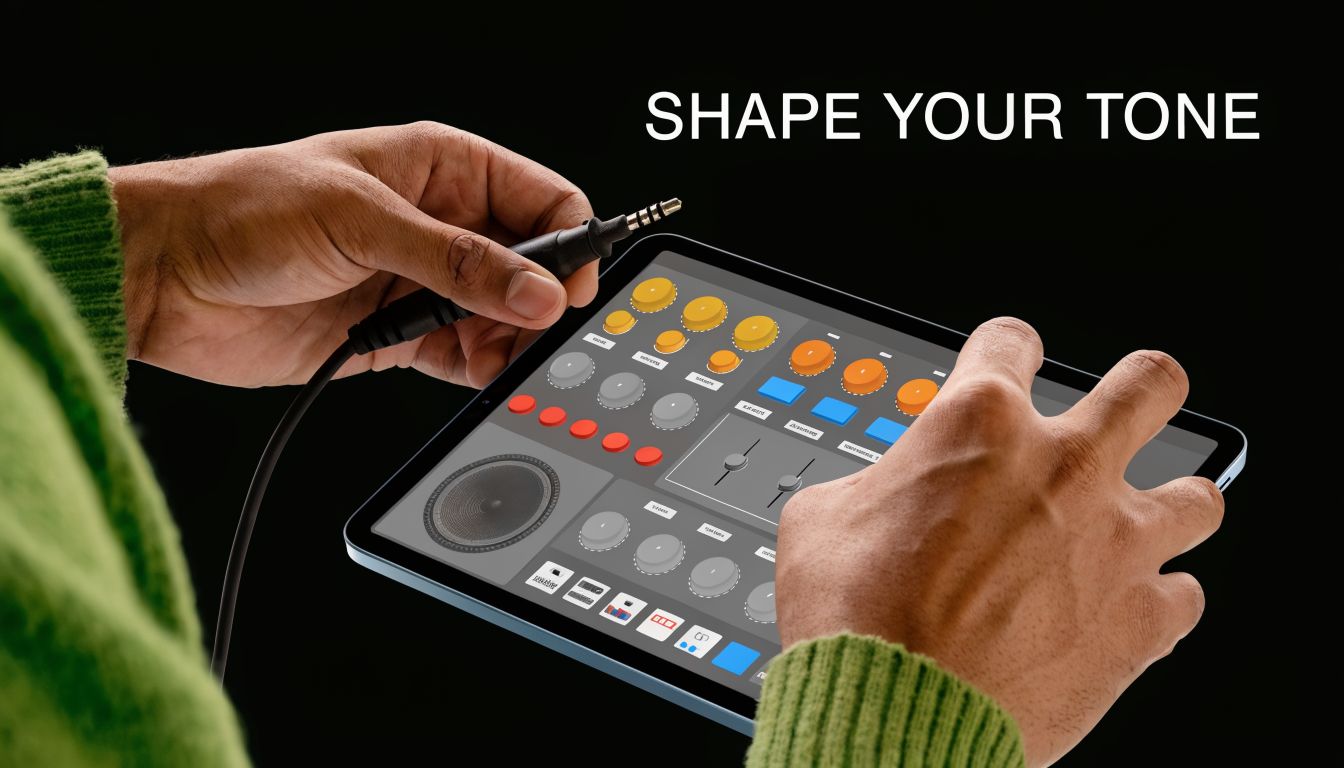 A person using a music app on a tablet with an audio cable to adjust guitar tones.