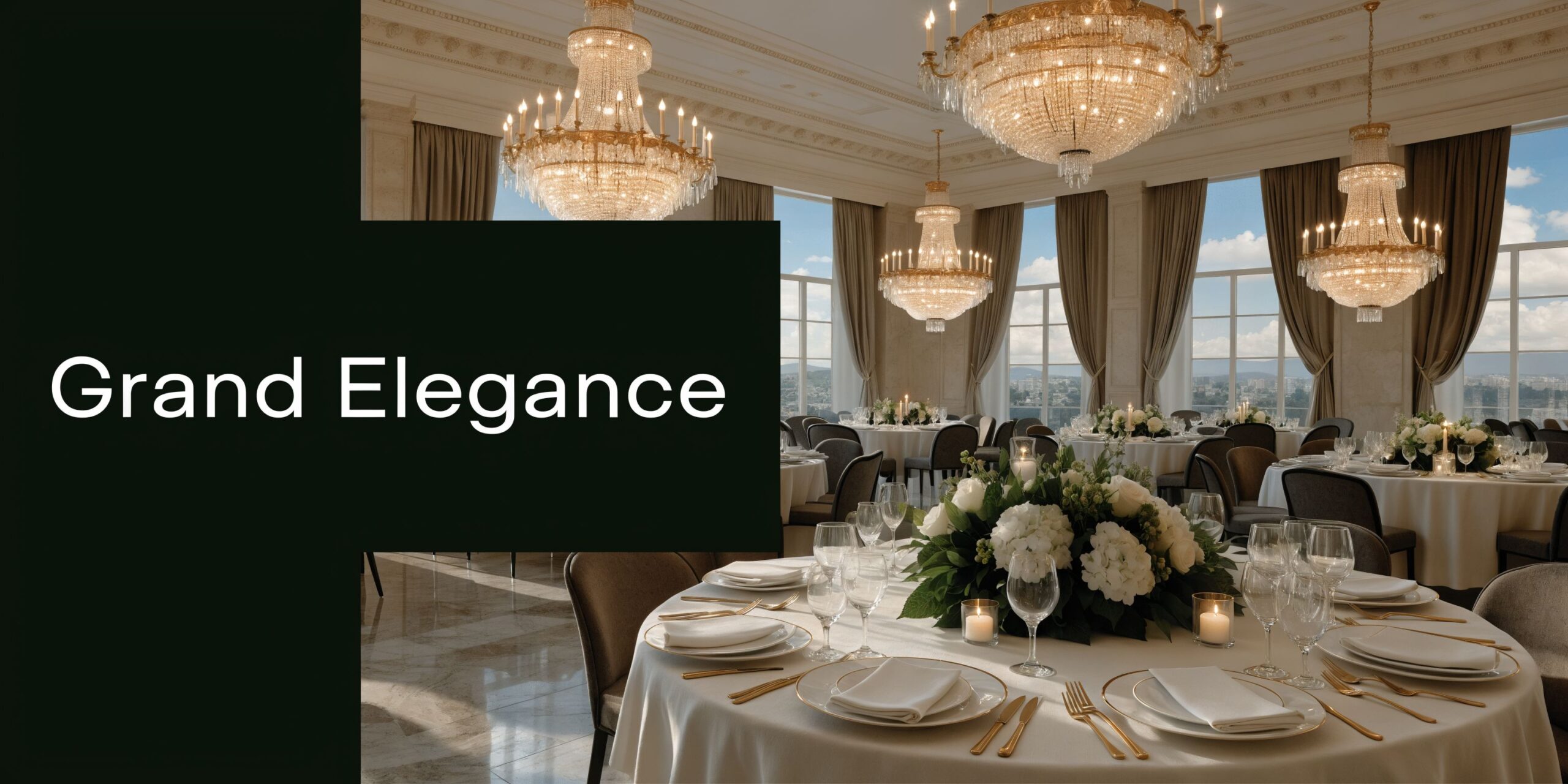 An elegant ballroom featuring crystal chandeliers and round tables set for a formal wedding celebration in Kent.