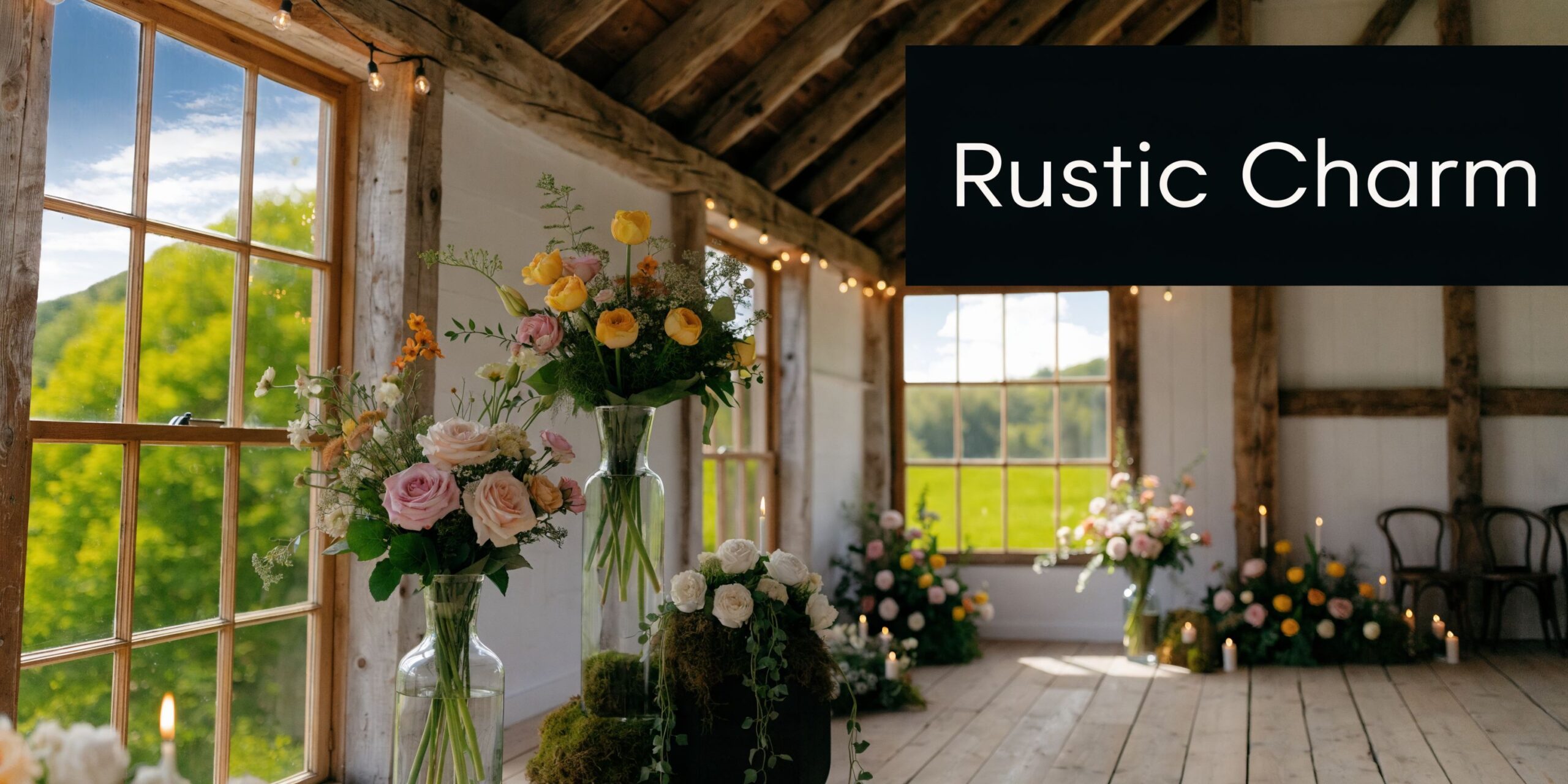 A bright barn wedding venue featuring elegant flower arrangements and rustic decor overlooking a beautiful landscape.