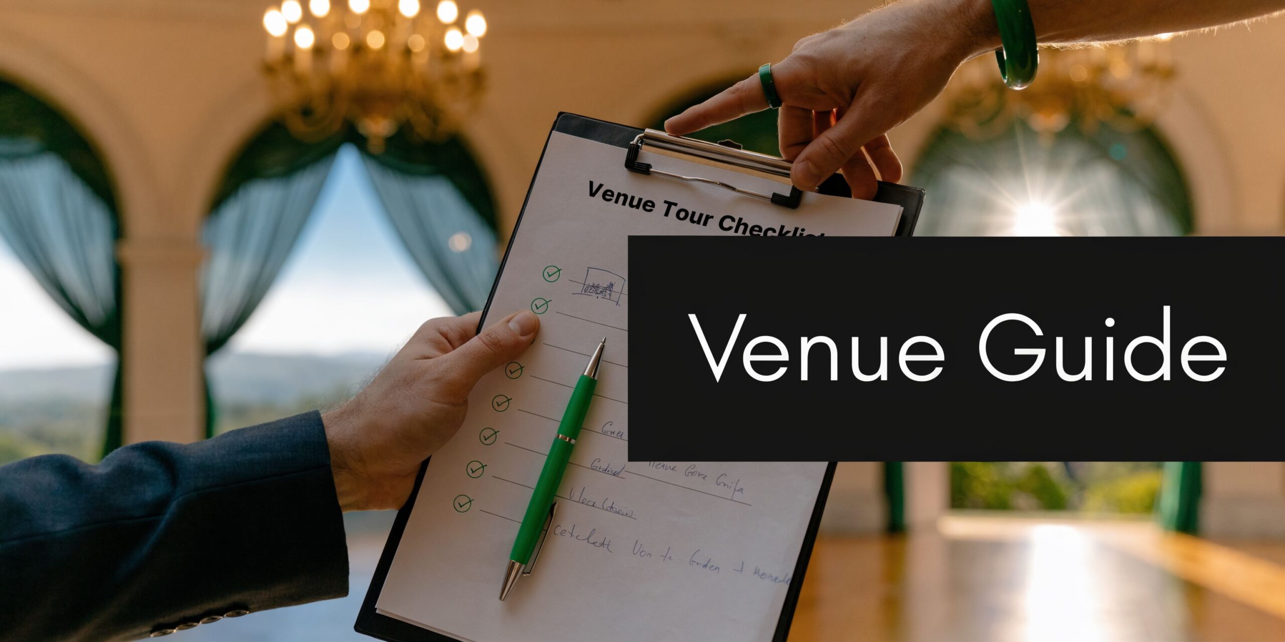 A close-up view of a wedding venue tour checklist being reviewed by two people at a venue.