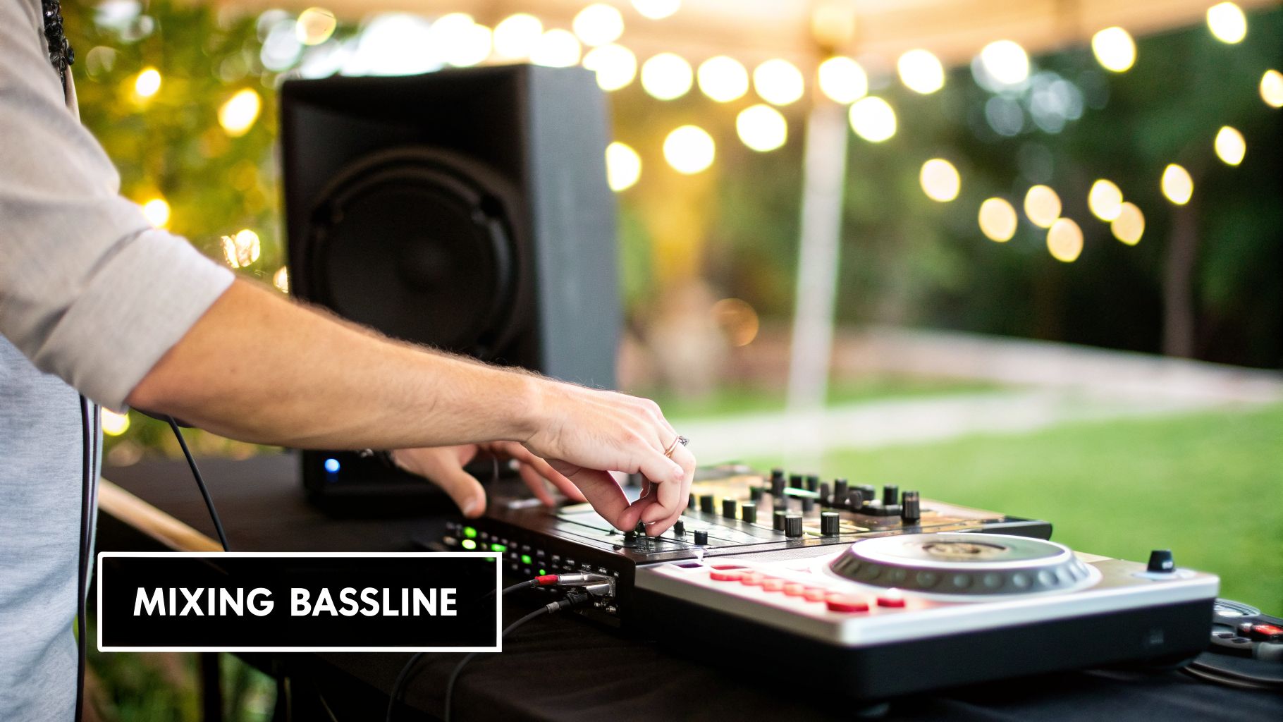 A DJ's hands adjust knobs on a mixing console, creating bassline music at an outdoor event.