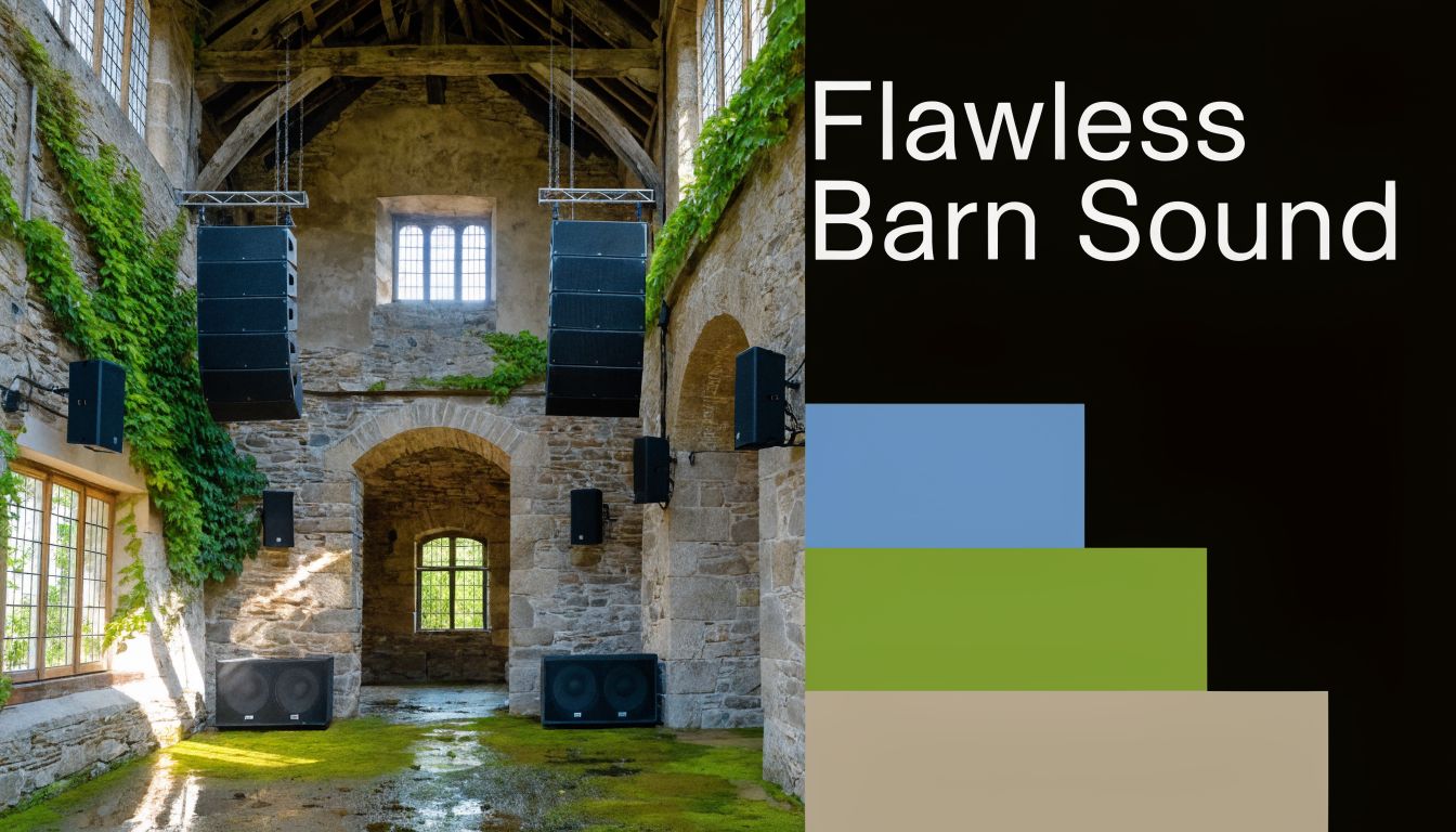 A professional audio system installed in an ancient stone barn for high quality event sound.