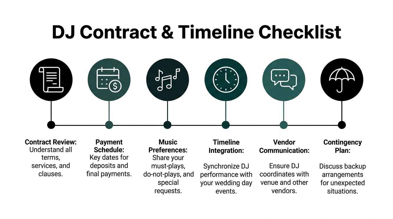 A checklist infographic titled DJ Contract and Timeline detailing essential steps for hiring a wedding DJ.