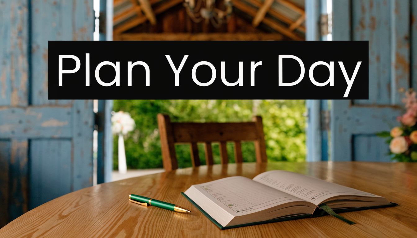 An open planner and a green pen on a wooden table, overlooking a scenic garden view.