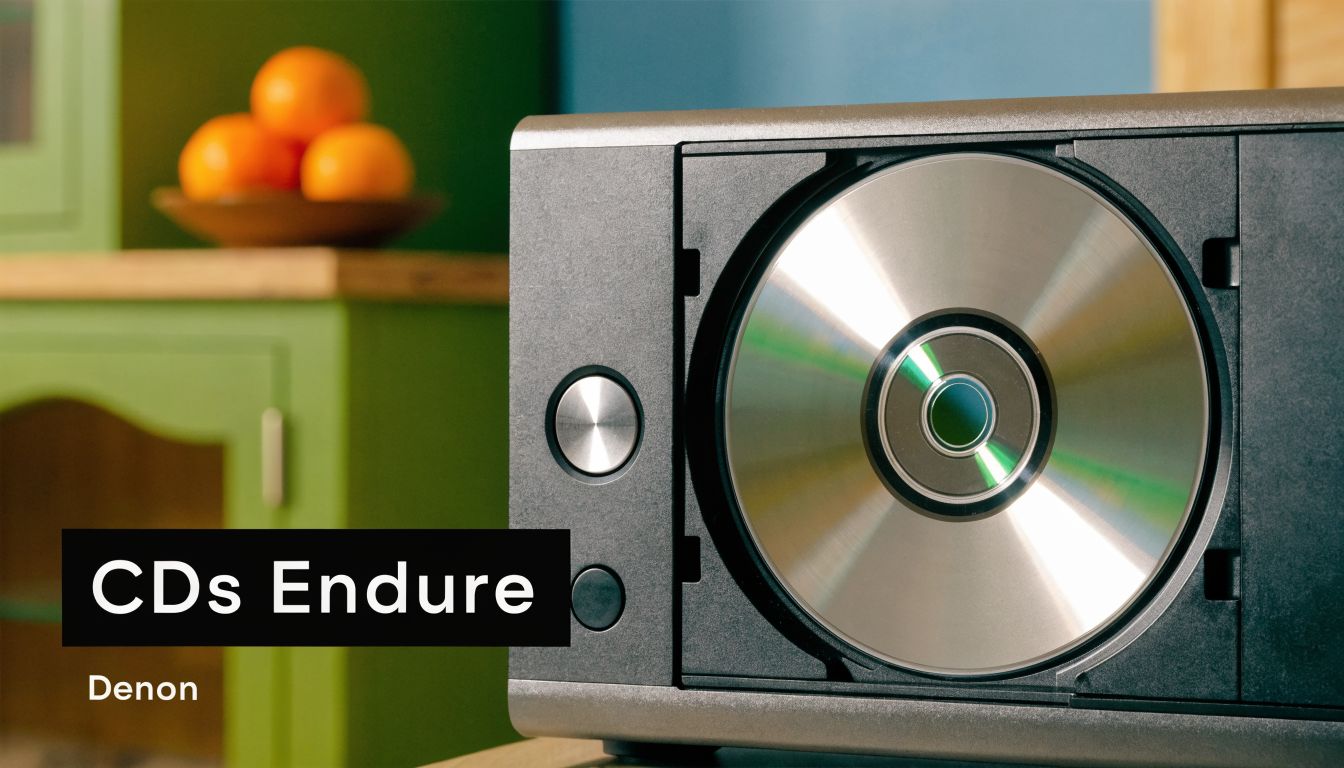 A Denon CD player with a disc inserted, sitting on a wooden surface near some oranges.