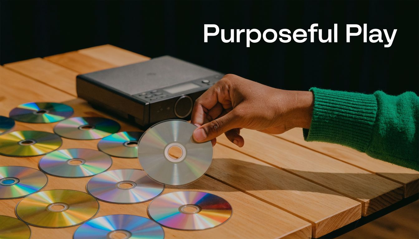 A person holding a compact disc over a wooden table covered in other CDs and a player.