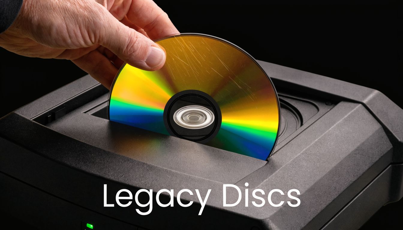 A human hand carefully inserting a reflective optical disc into a black electronic disc player.