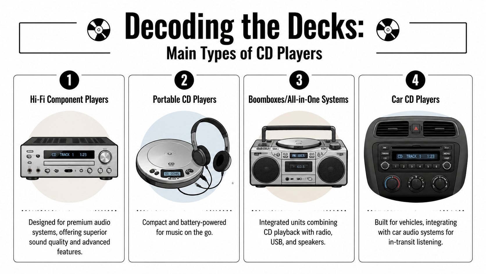 An infographic titled Decoding the Decks showing four main types of CD players: Hi-Fi, portable, boomboxes, and car players.