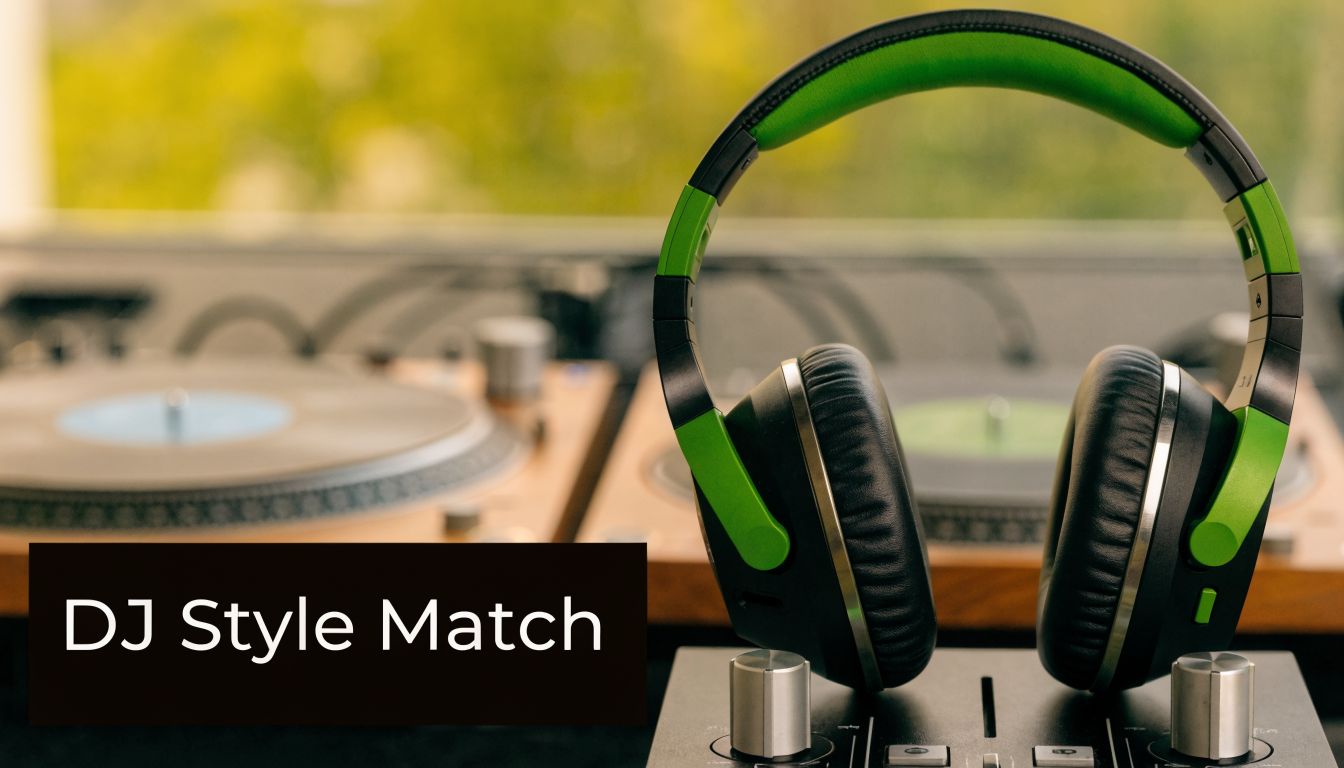 A pair of stylish green and black headphones resting on a DJ mixing console setup.