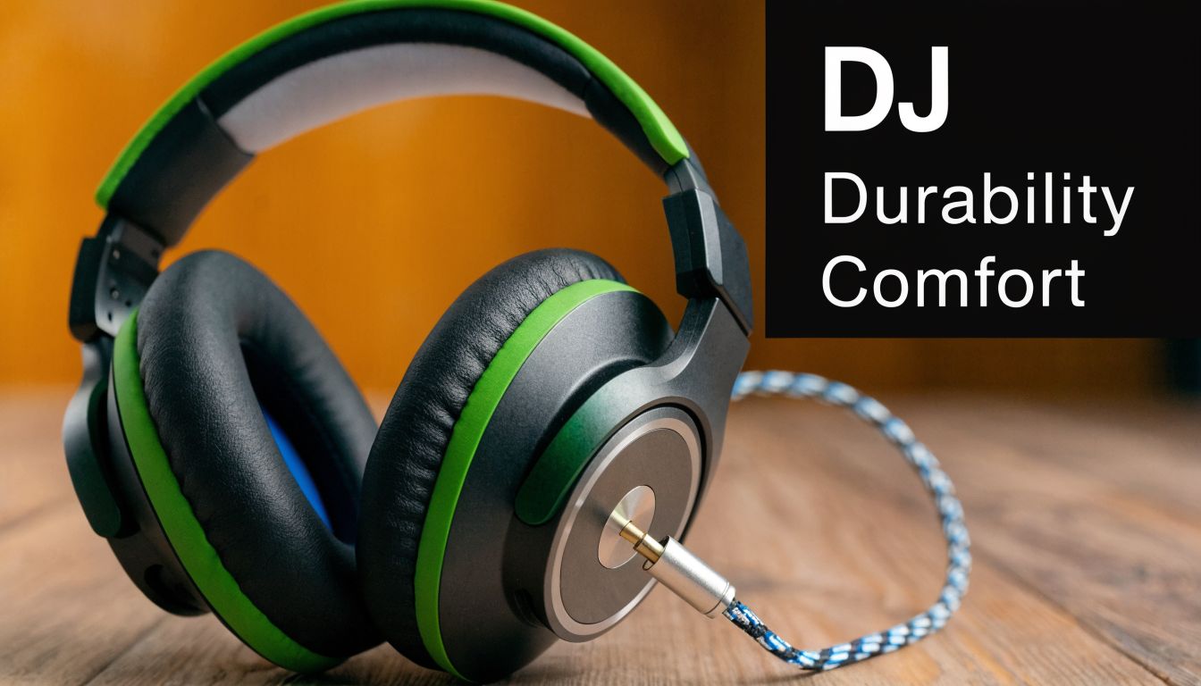 A pair of black and green DJ headphones sitting on a wooden surface with a braided cable.