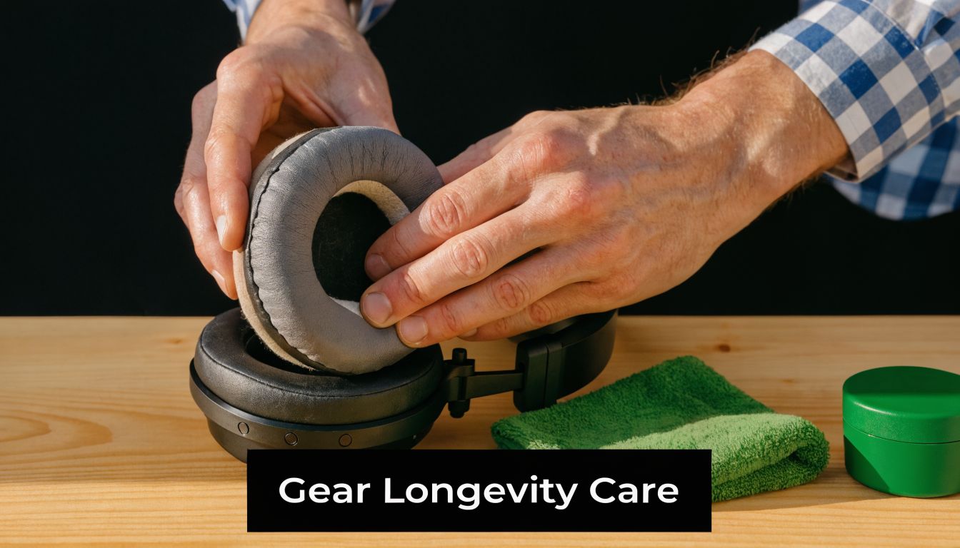 A person carefully replacing the leather earpad onto a pair of professional over-ear headphones on a wooden table.