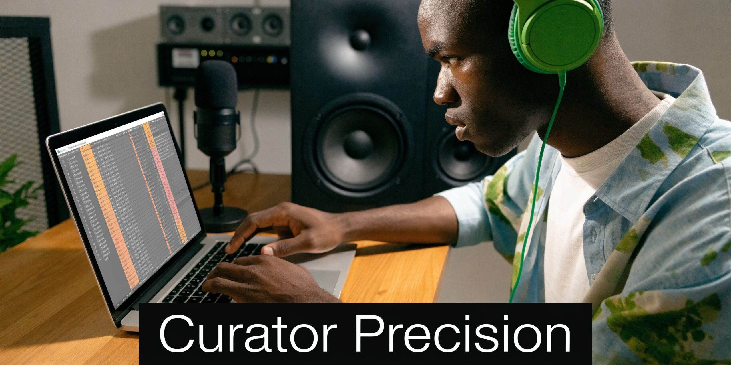 A young man with headphones using a laptop to curate music playlists in a professional studio setting.