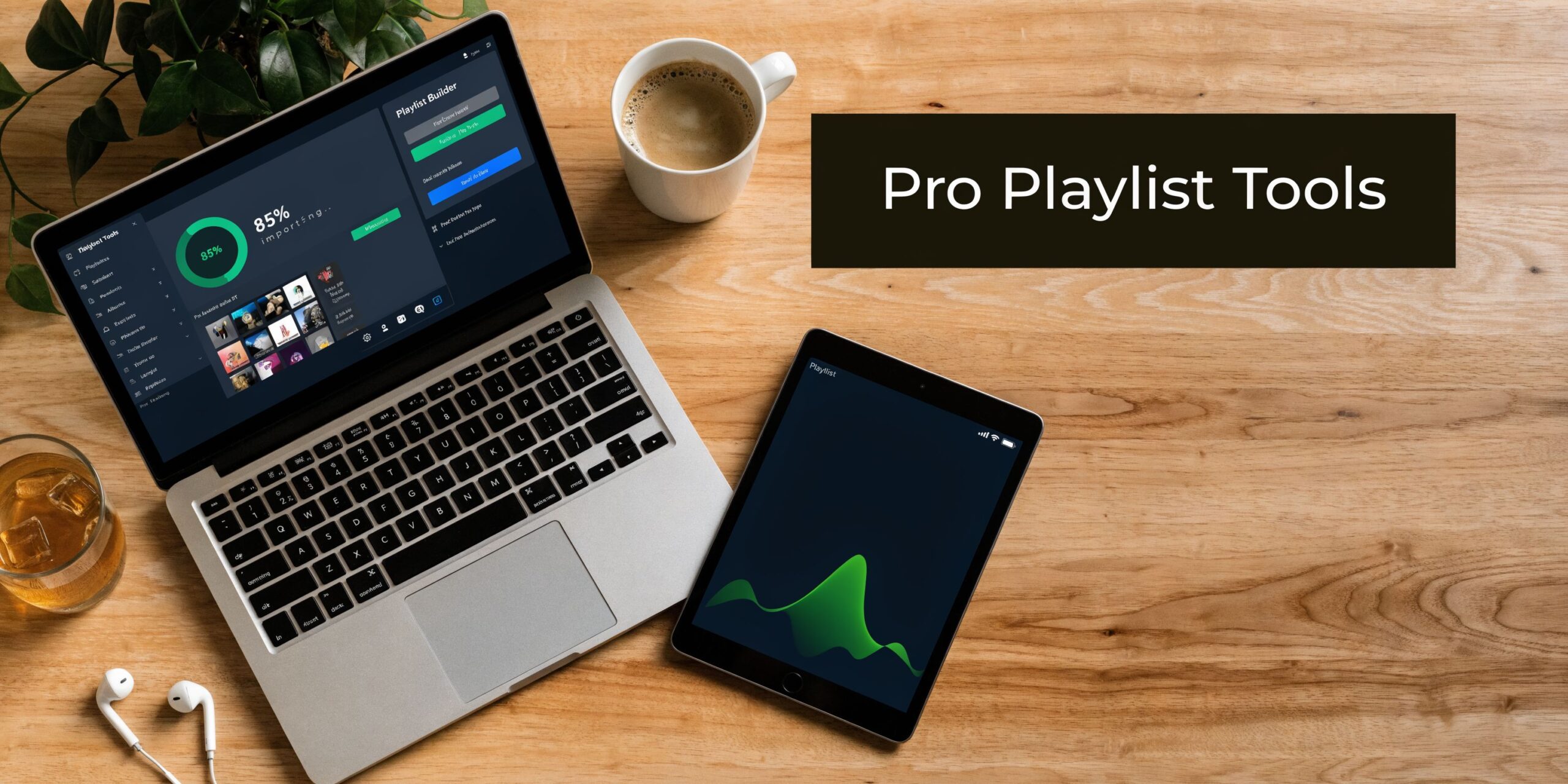 A laptop and tablet displaying playlist management software on a wooden desk with coffee and headphones.