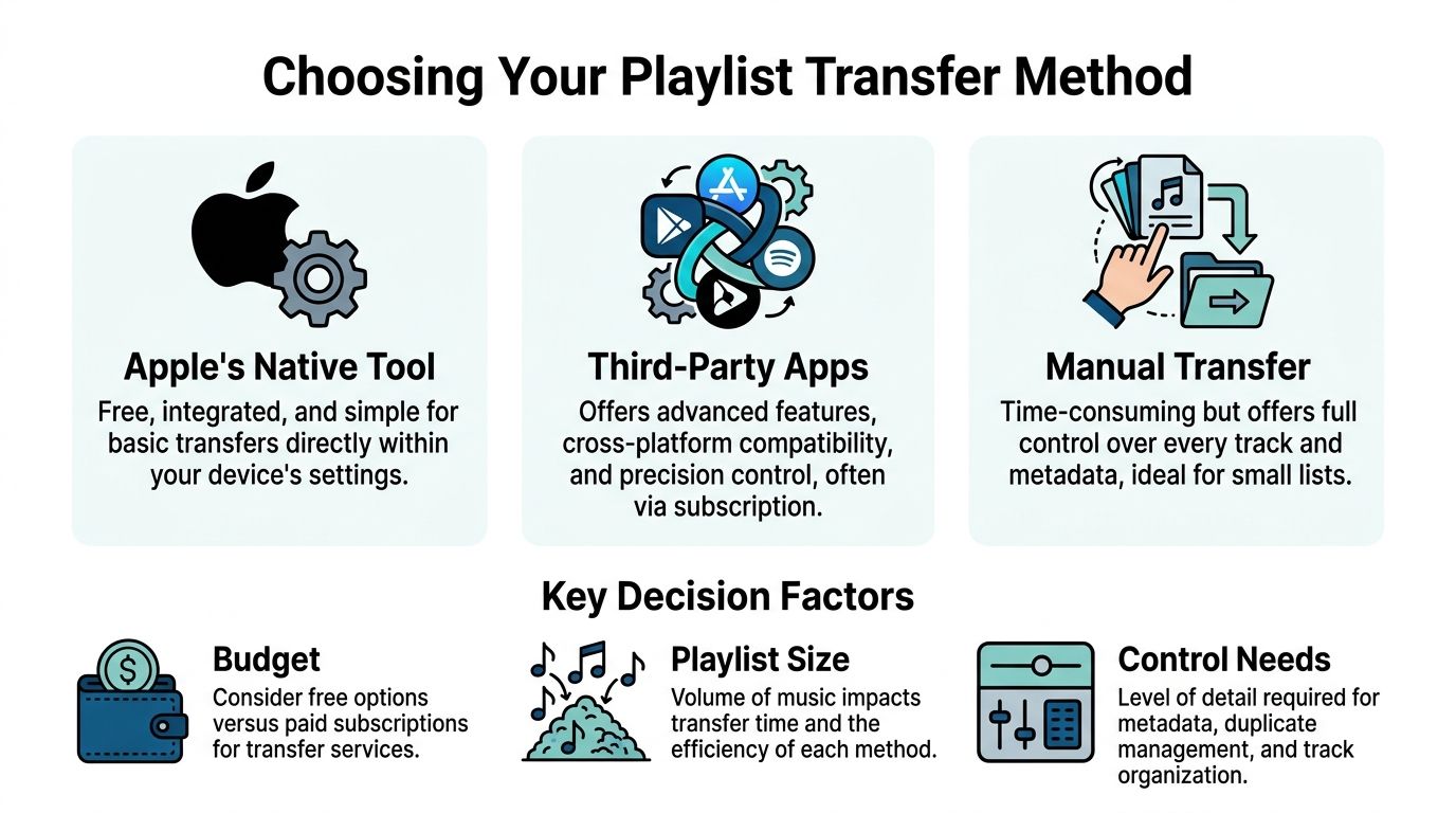 A visual guide comparing methods for transferring music playlists, including native tools, third-party apps, and manual options.