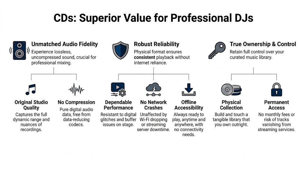 An infographic highlighting the advantages of using CDs for professional DJs, focusing on audio fidelity, reliability, and ownership.