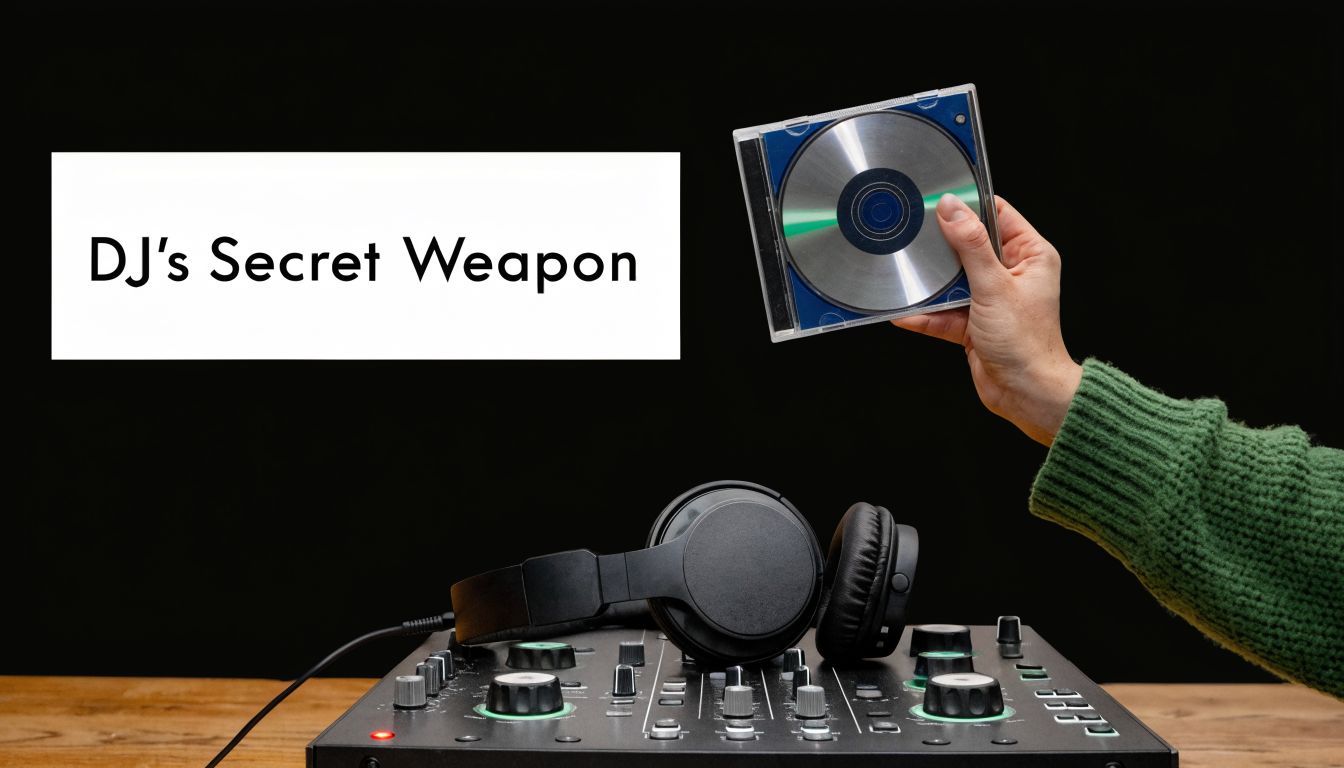 A hand holding a CD case above a professional DJ mixing console and black studio headphones.