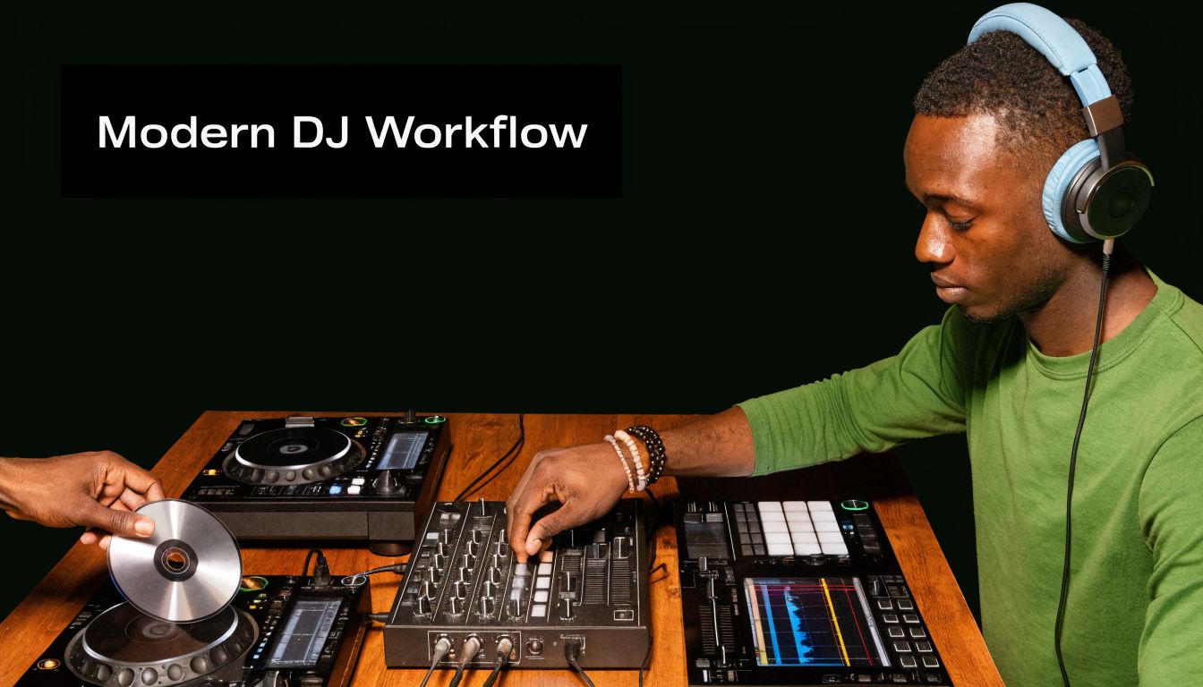 A DJ using a modern sound mixer and audio equipment while wearing blue headphones in a studio.