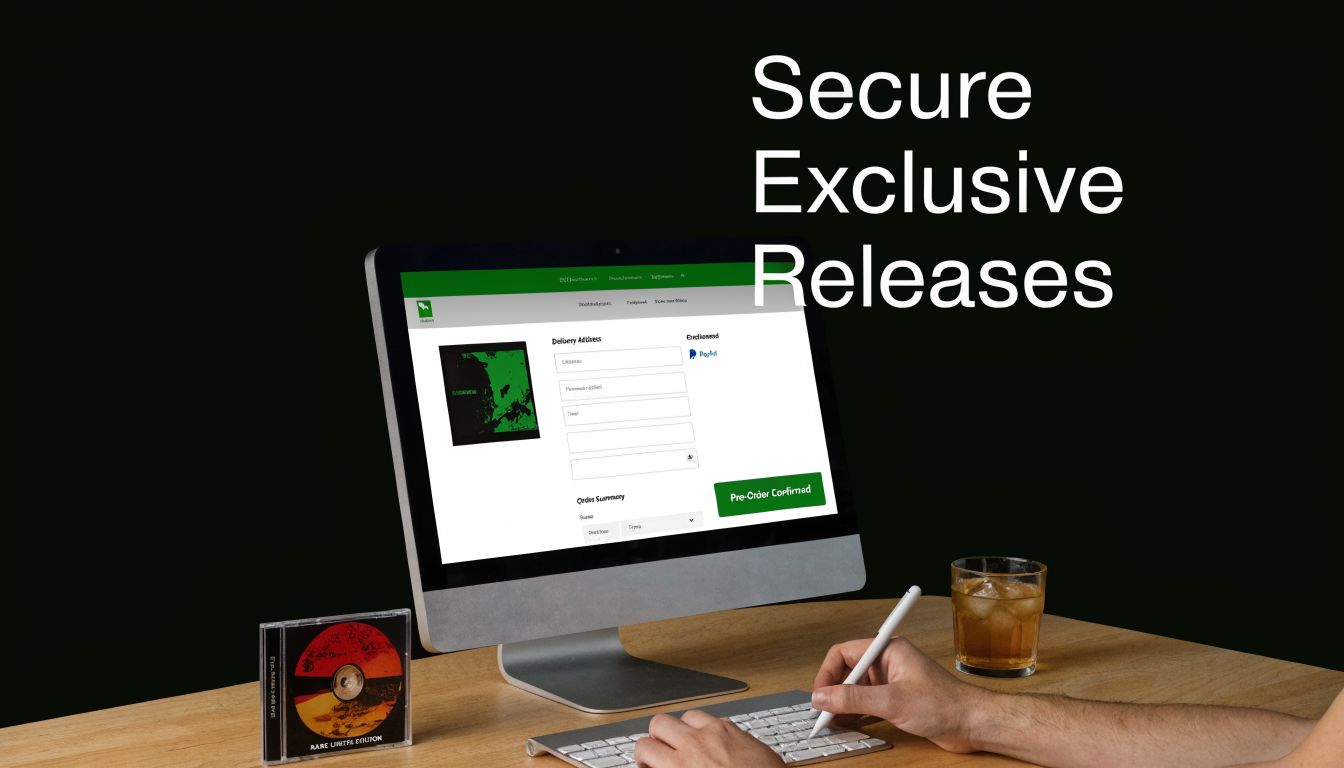 A person uses a computer to pre-order an exclusive music release online, sitting at a wooden desk.