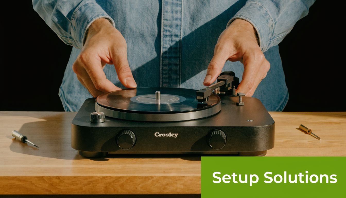 A person in a denim shirt adjusting the tone arm on a sleek black Crosley record player.