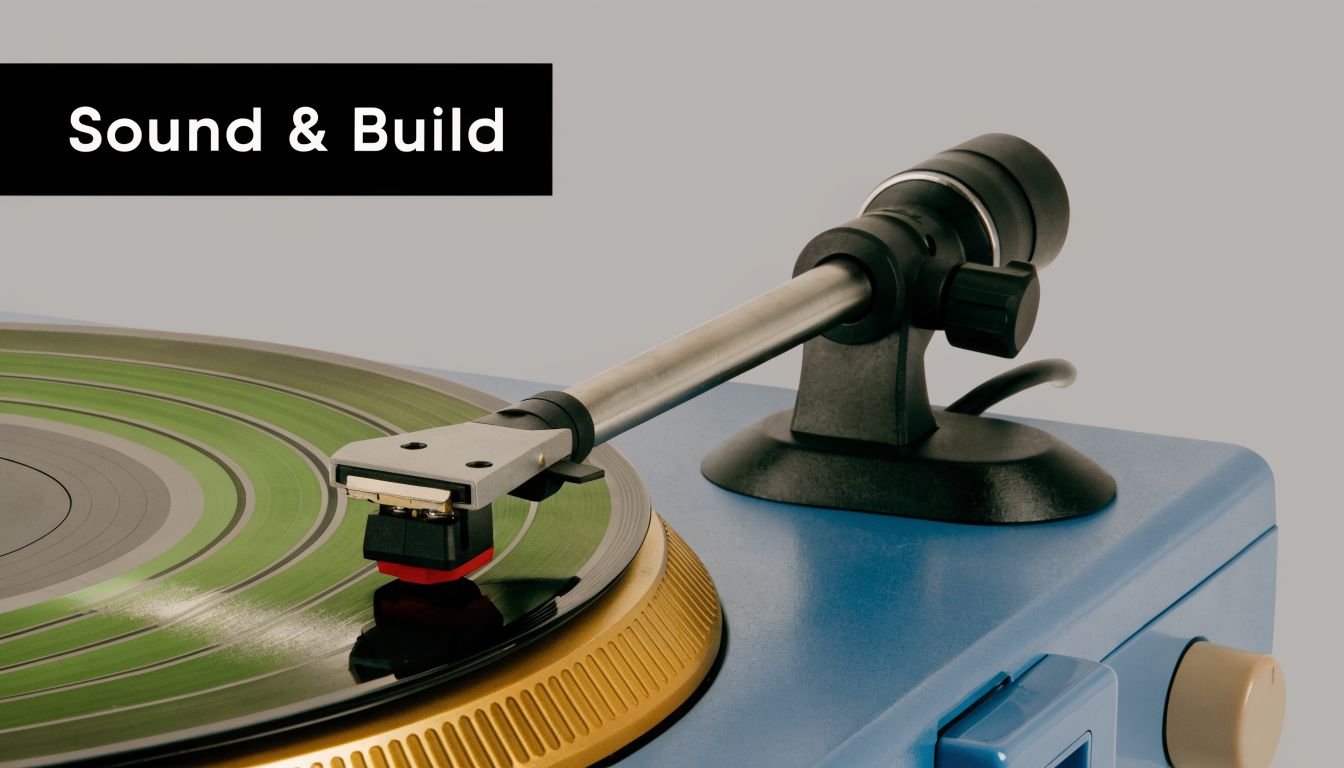 A close-up view of a vibrant blue record player playing a green vinyl record with a tonearm.