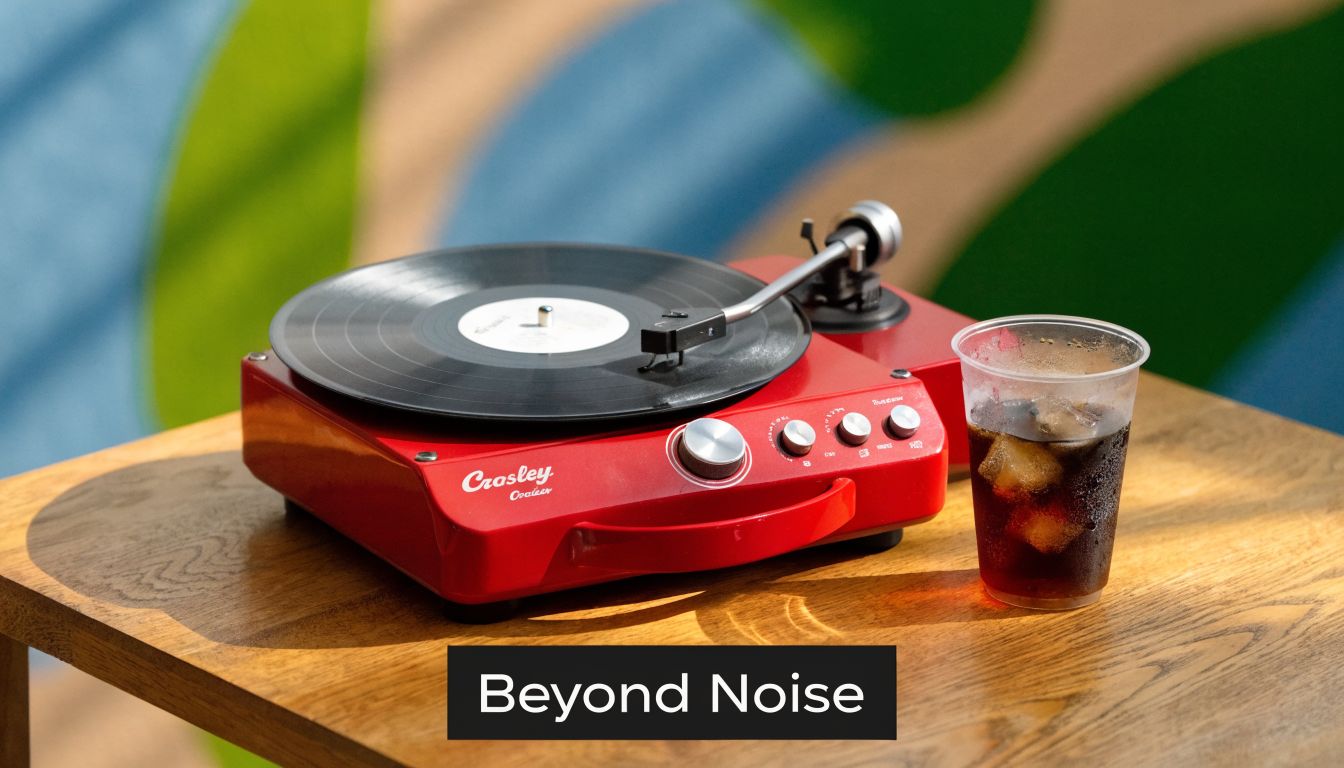 A red Crosley portable turntable with a vinyl record sits on a wooden table beside an iced drink.