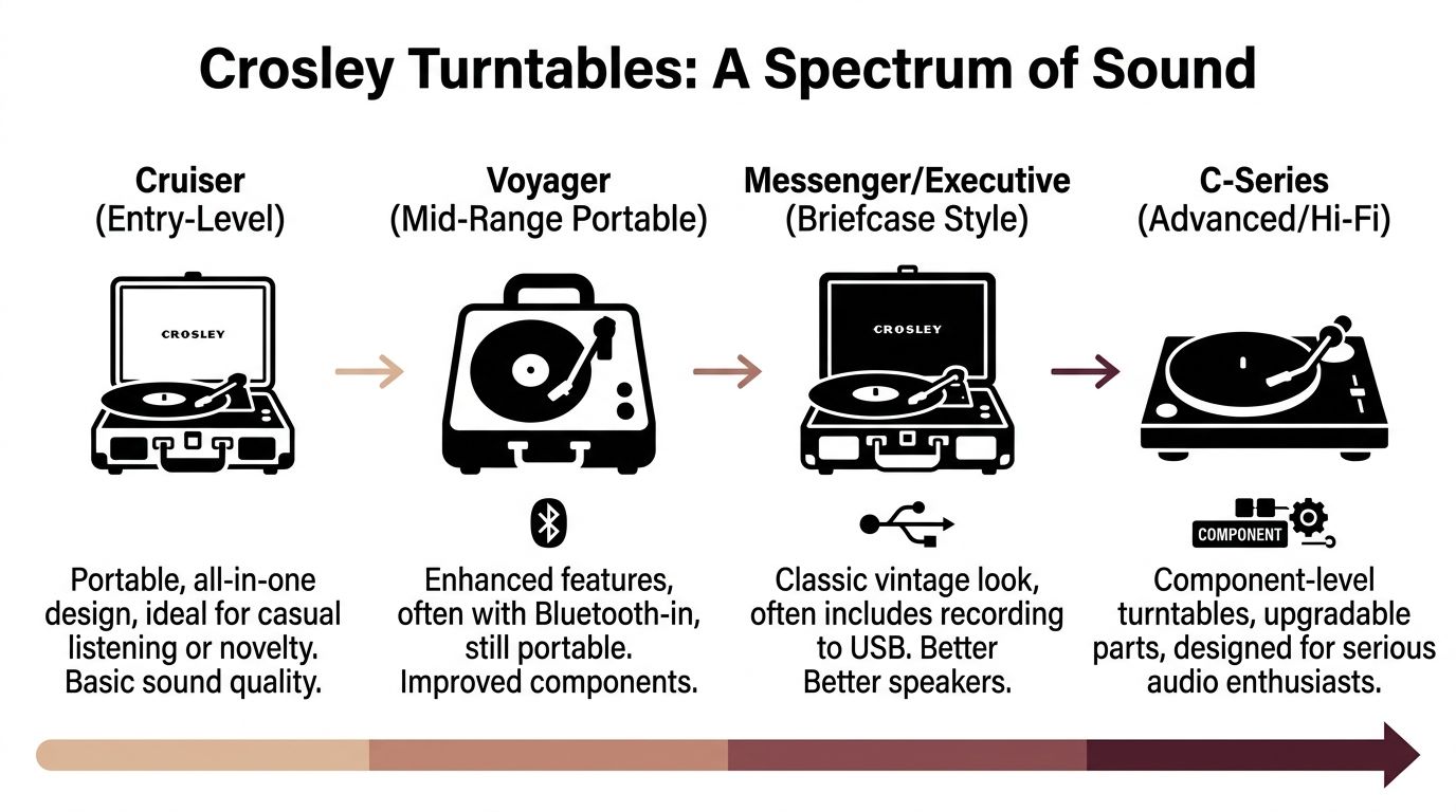 A diagram comparing four Crosley turntable models ranging from entry-level portable units to advanced high-fidelity component systems.