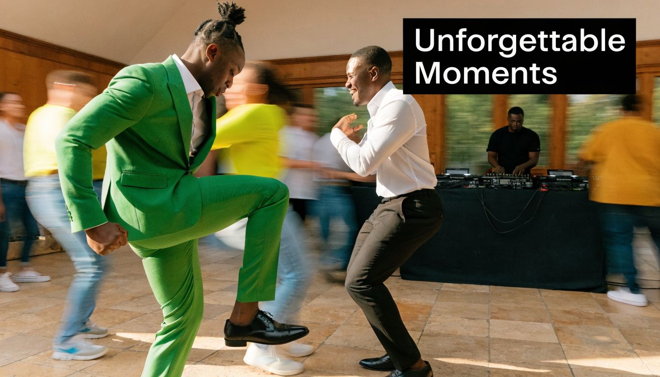Two men in formal attire dancing energetically at a party with a disc jockey in the background.