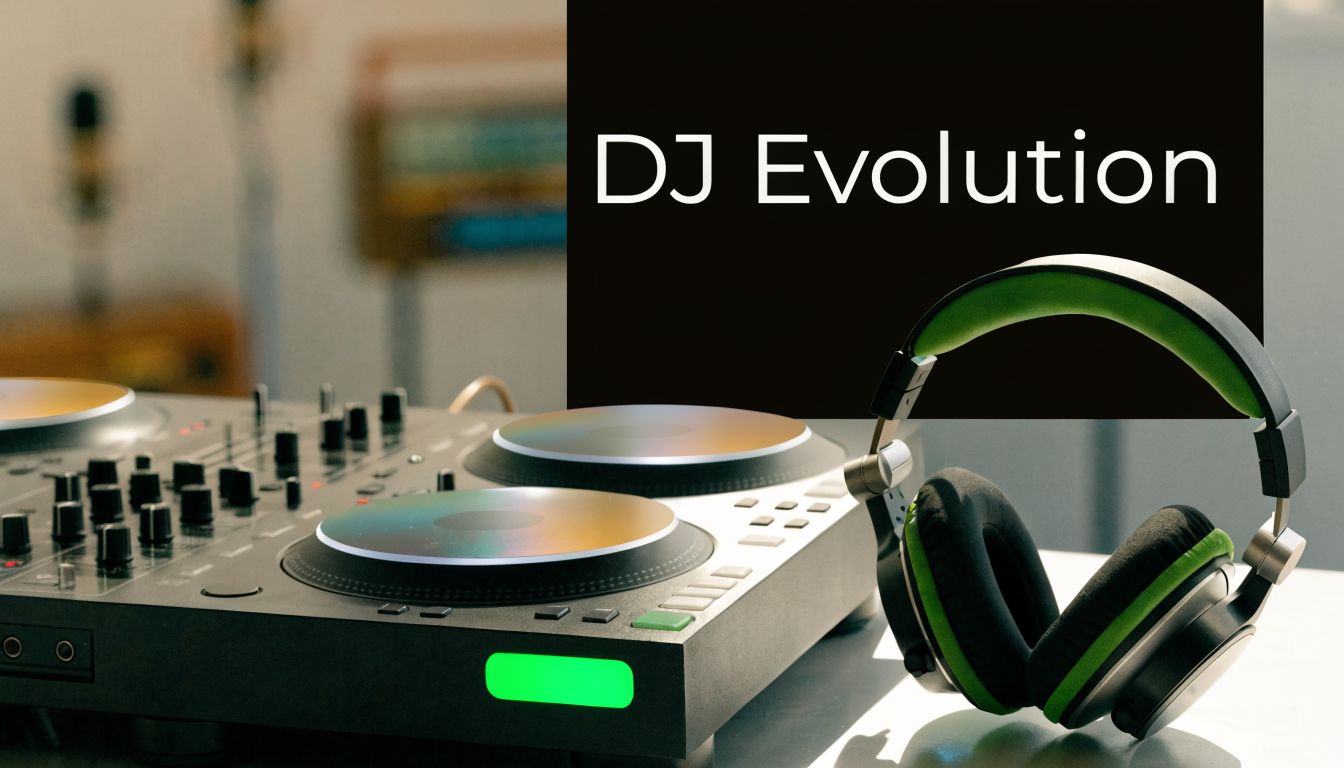 A professional DJ controller with turntables and headphones displayed against a backdrop with the text DJ Evolution.