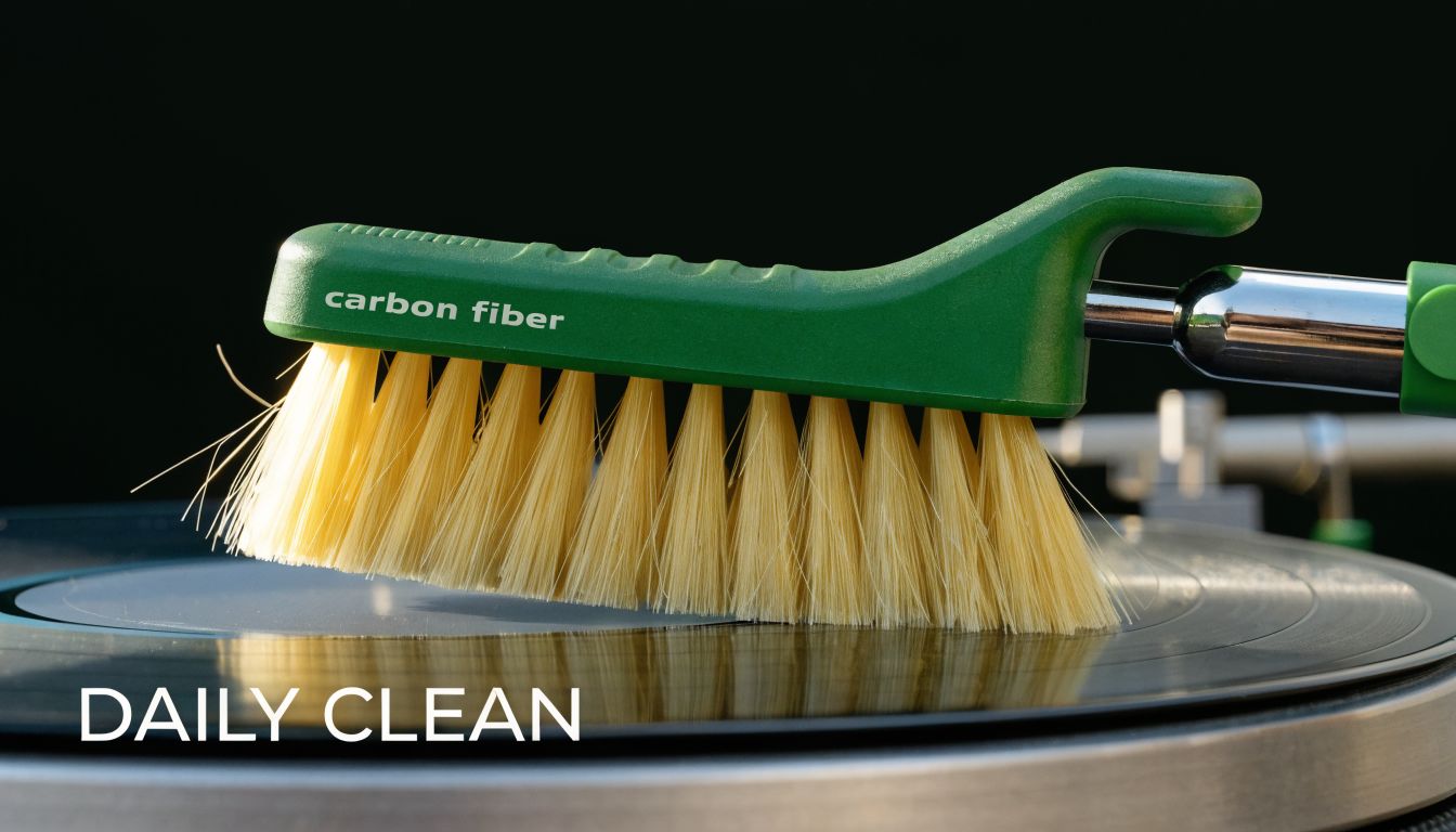 A green carbon fiber record brush cleaning dust from the surface of a black vinyl record.