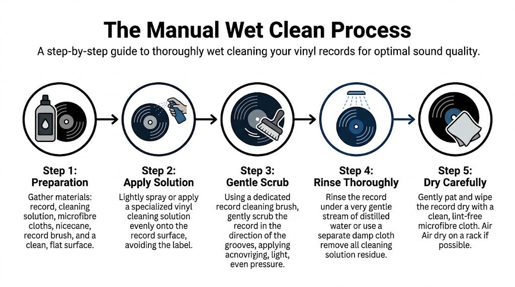 An infographic illustrating the five-step manual wet cleaning process for vinyl records to ensure optimal sound quality.