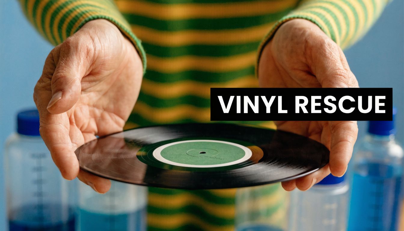 A person holding a vintage vinyl record in their hands with cleaning solution bottles in the background.