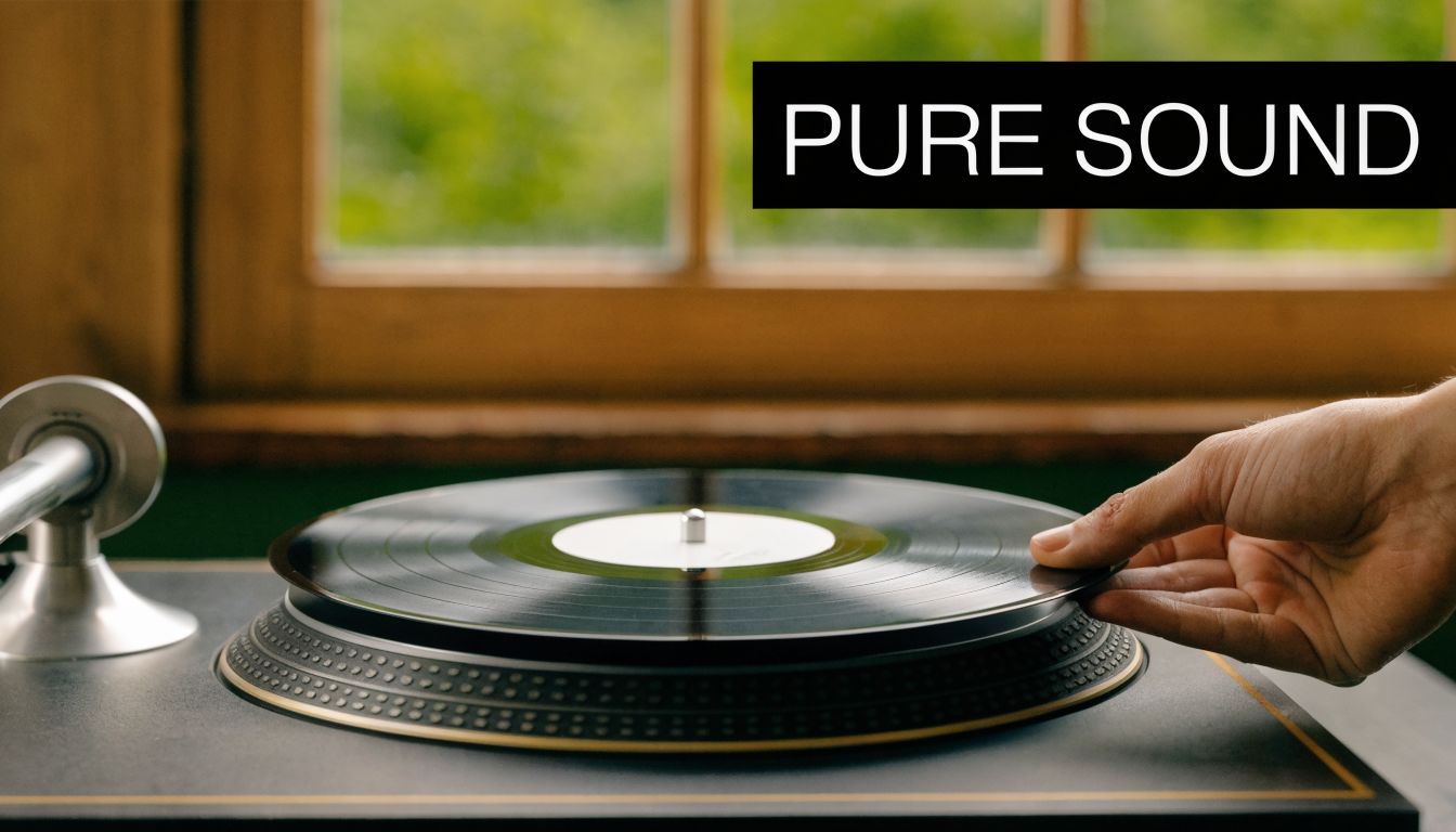 A hand carefully placing a black vinyl record onto a turntable in a brightly lit room.