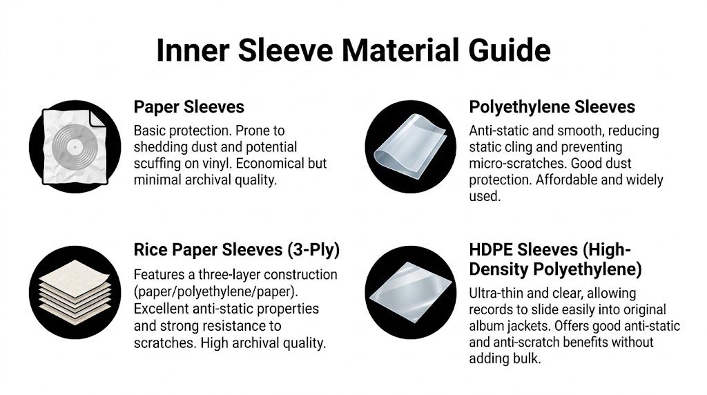 A comparison guide for different types of record inner sleeves, including paper, polyethylene, rice paper, and HDPE.