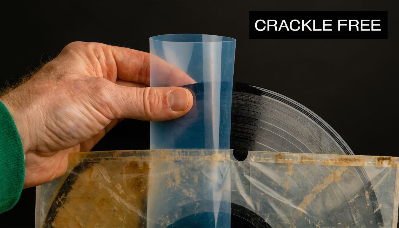 A hand sliding a clean protective plastic inner sleeve onto a vinyl record from an old sleeve.
