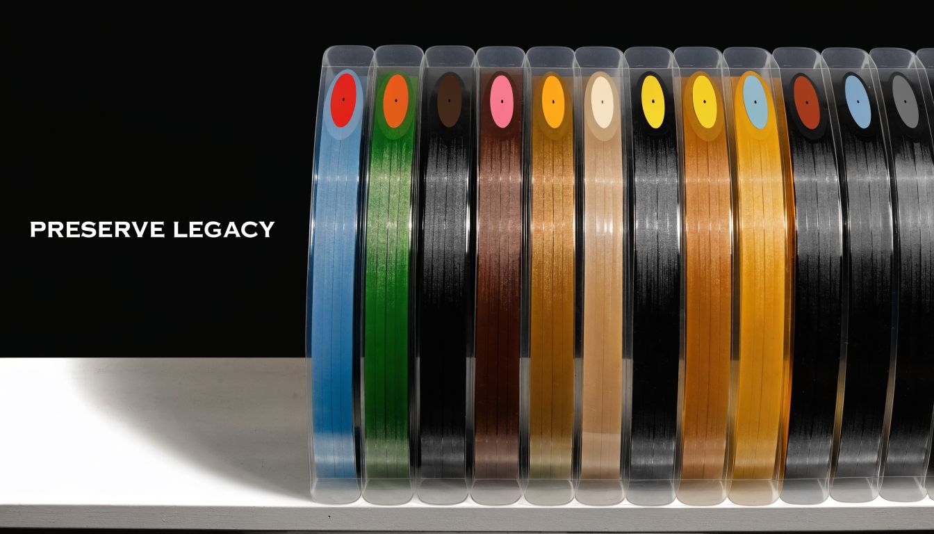 A row of colorful vinyl records housed in protective plastic sleeves displayed on a white shelf.