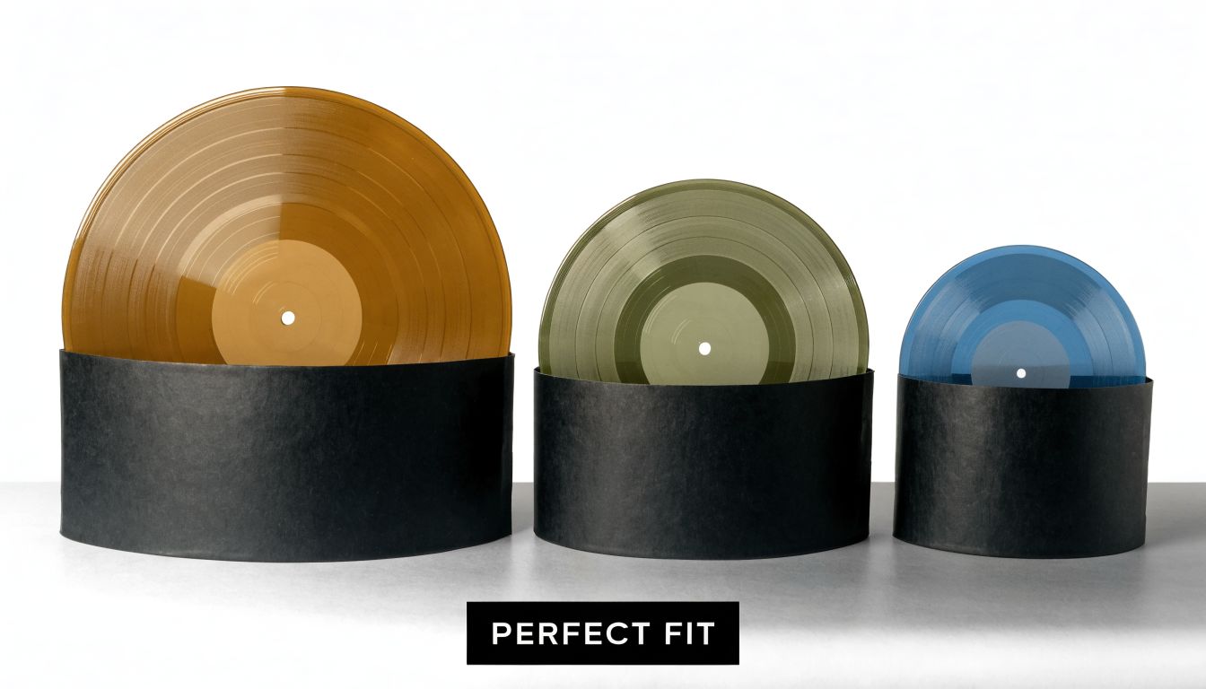 Three translucent vinyl records in different sizes placed inside matching black circular paper sleeves on a table.