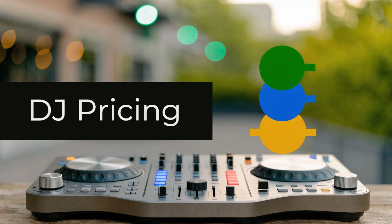 A professional DJ controller sits on a wooden surface with a background of blurred city lights.