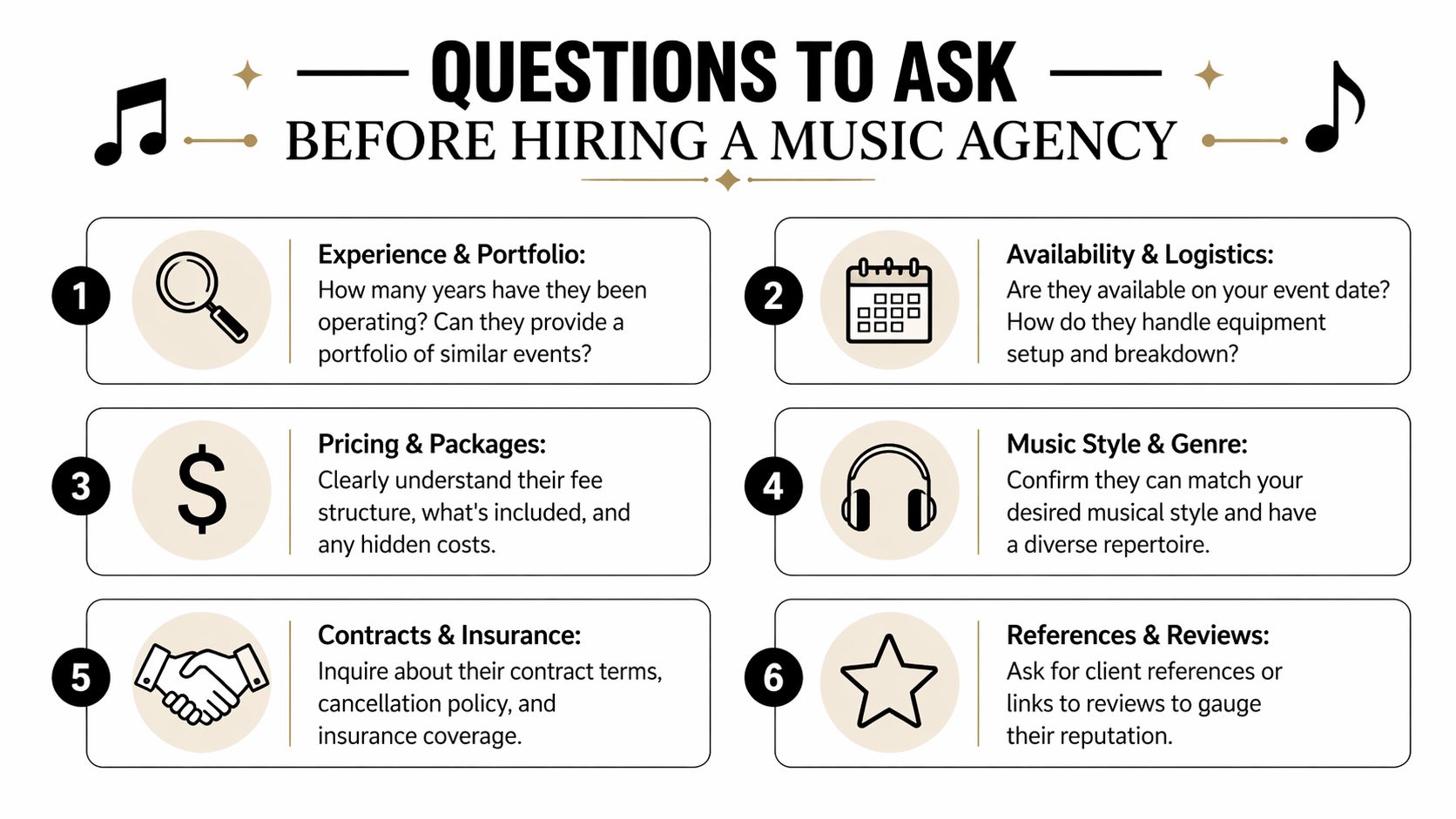 An infographic titled Questions to Ask Before Hiring a Music Agency, featuring six numbered advice points.