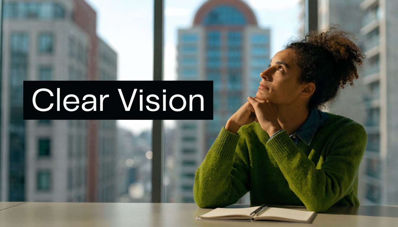A young person with curly hair sitting by a window and looking up thoughtfully at the city skyline.