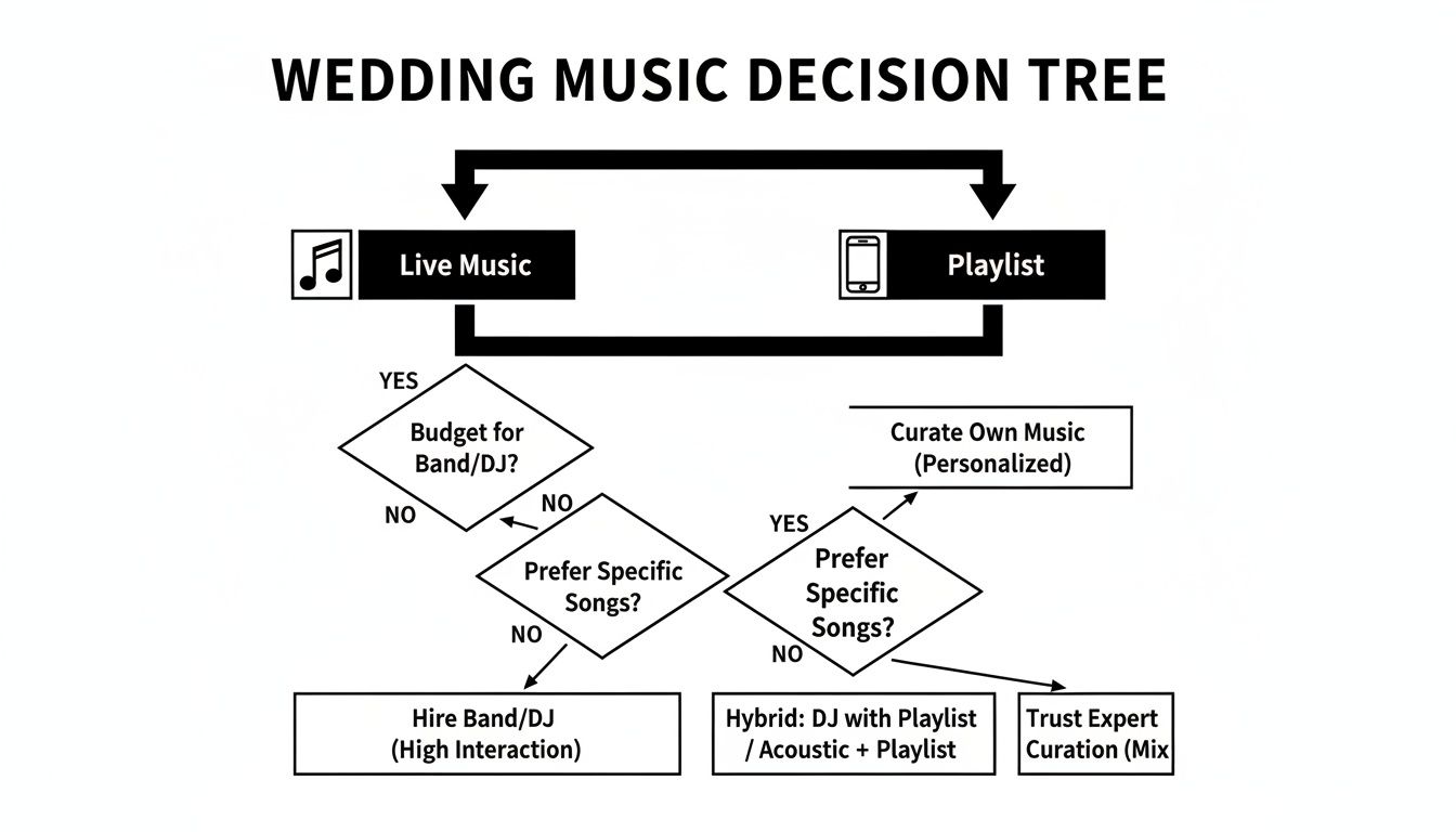 Flowchart for wedding music decisions: Live Music vs. Playlist, budget, and song preferences.
