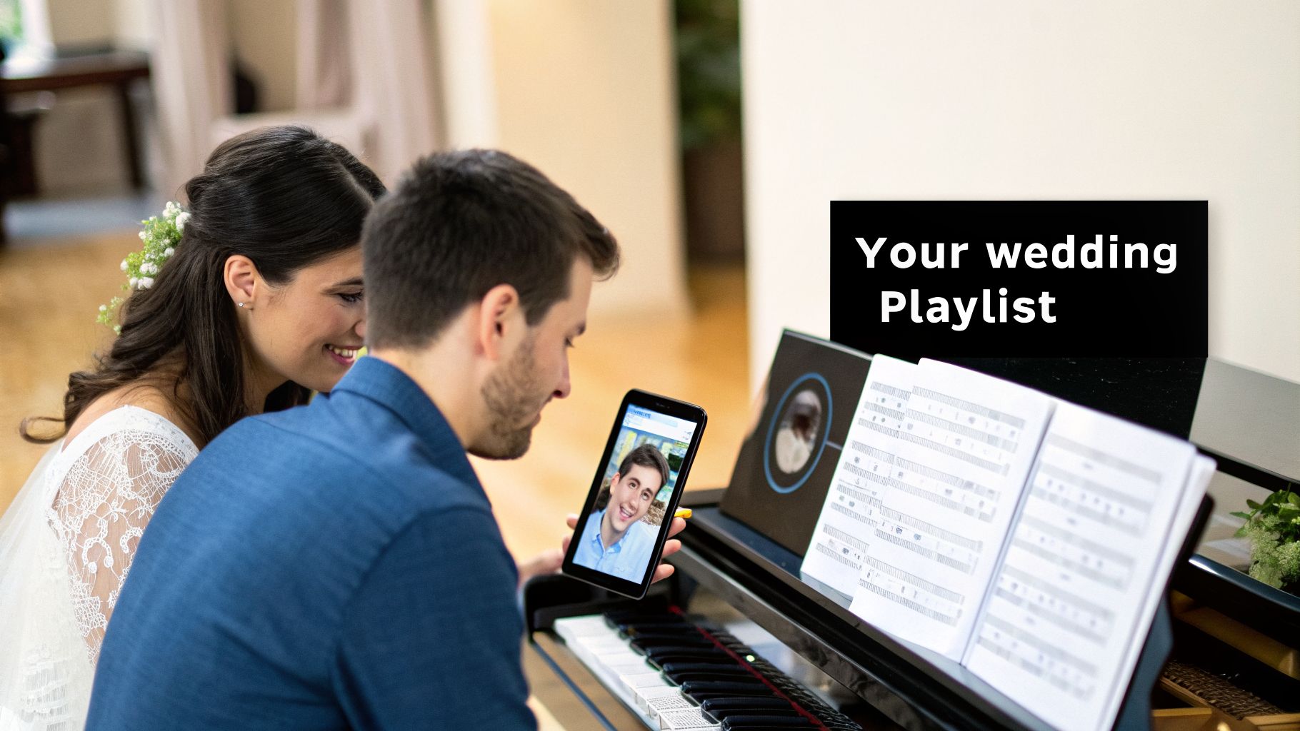 A happy bride and groom sit at a piano, with the groom holding a tablet showing a video call.