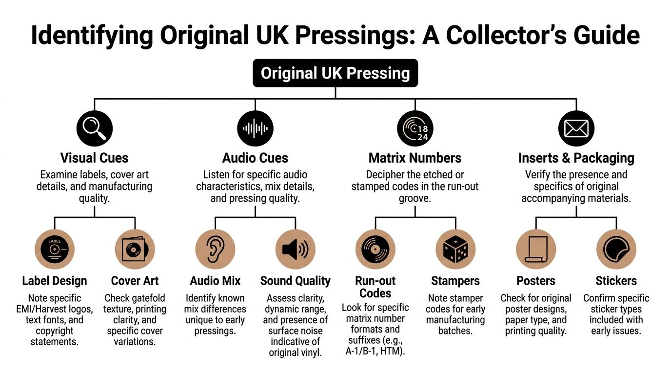 An infographic detailing essential steps for identifying authentic original UK vinyl record pressings for collectors.