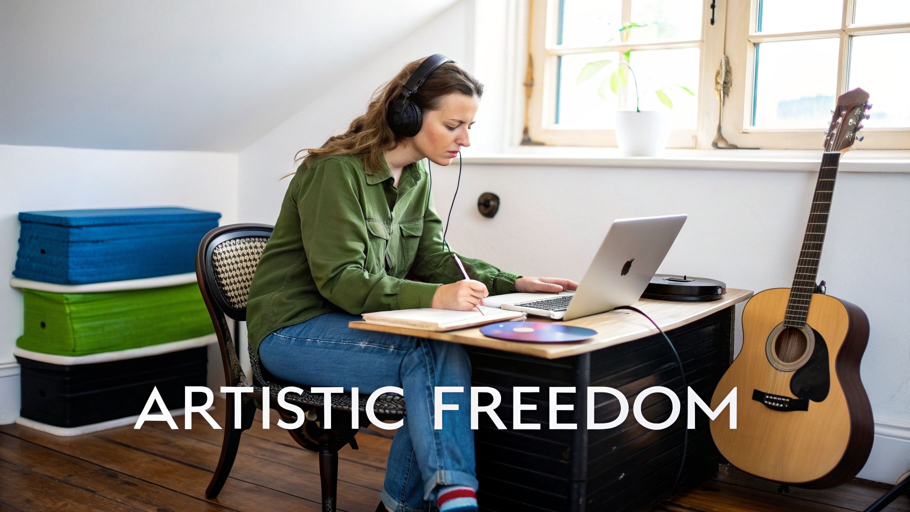 A woman wearing headphones works on a laptop and writes in a notebook, with a guitar beside her.