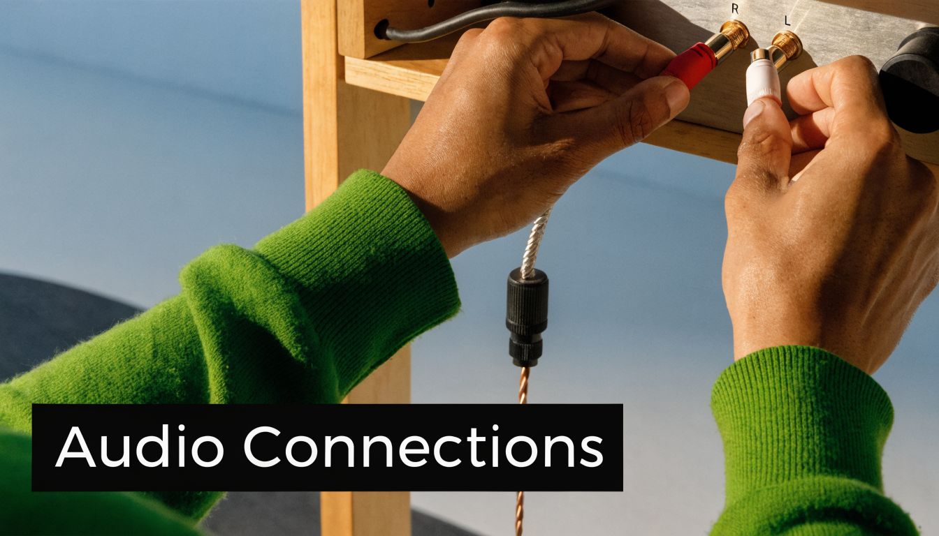 A person plugging red and white RCA audio cables into the back of a wooden record player.