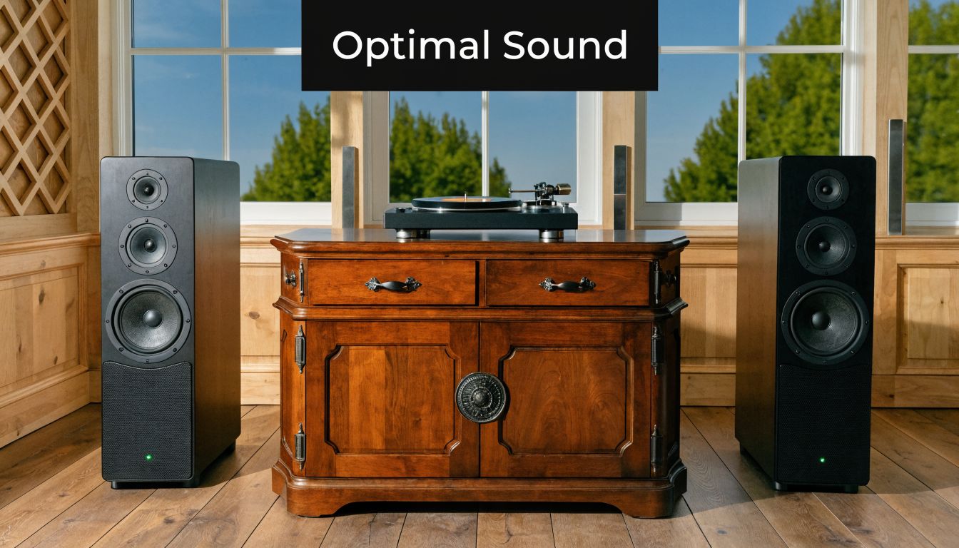 A classic wooden record player placed on a cabinet between two large modern floor-standing black speakers.
